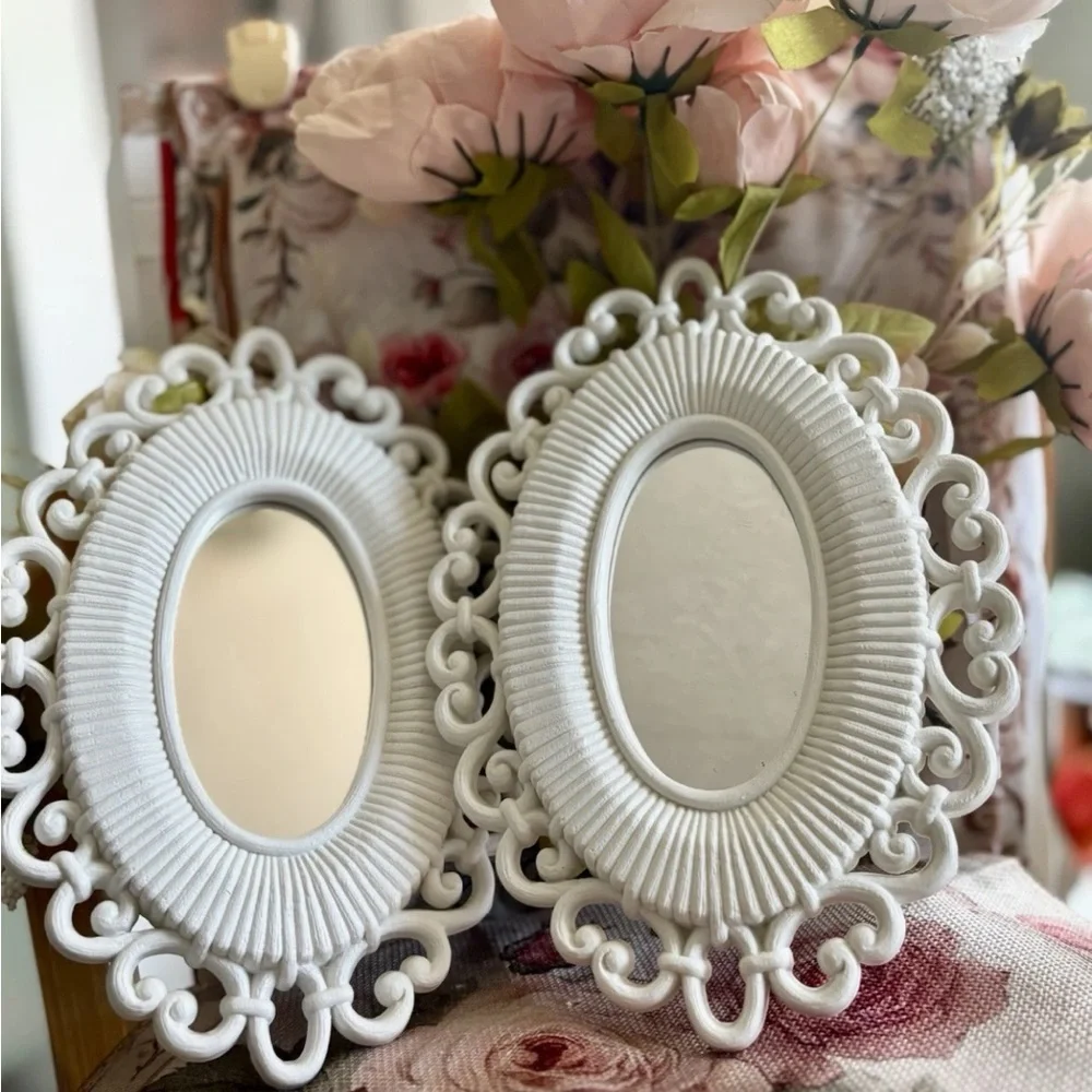 Vtg Pair Of Homco Faux Wicker Oval Mirror Home Interiors 9.5” X 7” Cottage Core